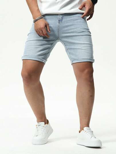 Manfinity Homme Men's Slim Fit Casual Denim Shorts Jorts Plain Light Blue Vacation Vintage Friends Going Out Urban Hang Out Street Workout