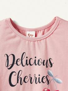 Cozy Pixies Atuendo De 2 Piezas Para Bebé Niña, Con Blusa De Cuello Redondo Con Mangas Cortas Con Patrón De Letras Y Pantalón Con Estampado De Cereza Y Huellas