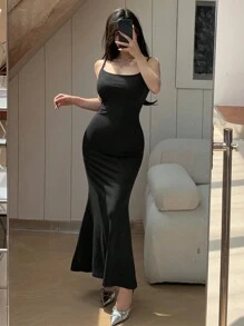 DAZY Women's Solid Color Fish Tail Hem Cami Dress Sundress - Black - View 2