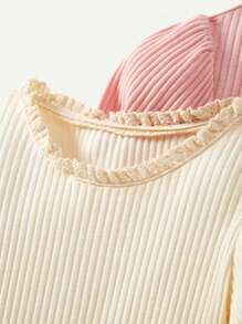 Cozy Pixies Baby Girl Knitted Soft Contrast Lace Trim Puff Sleeve Round Neck T-Shirt 2pcs/Set - Baby Blue - View 5