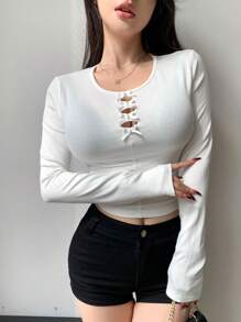 DAZY Của phụ nữ Vòng cổ Bowknot Trang trí Xu hướng: Cắt giảm Tay áo dài Áo thun - trắng - Xem 6