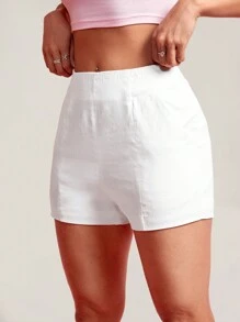 SHEIN PETITE Women's Solid Color Shorts With Slanted Pockets - White - View 7