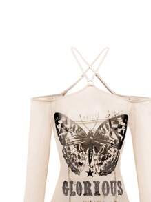 Swim EVENT Summer Women's Butterfly & Letter Printed Off-The-Shoulder Mesh Cover Up Bodysuit With Halter Neck Design