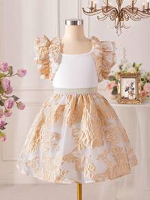 SHEIN Tween Girls' Square Neckline Ruffle Trim Top And Jacquard A-Line Skirt Set