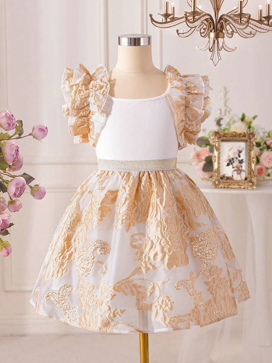 SHEIN Tween Girls' Square Neckline Ruffle Trim Top And Jacquard A-Line Skirt Set