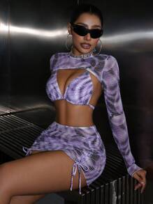 SHEIN Swim Event Bộ bikini in họa tiết chấm bi & cà vạt nhuộm màu bãi biển mùa hè dành cho nữ - Màu tím - Xem 5