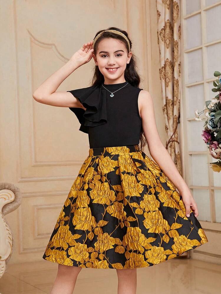 Tween Girl Cute Ruffle Trim Blouse And Floral Jacquard A-Line Skirt Set