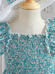 SHEIN Trẻ Cô gái In hoa Xù Hoa Sen Đầm xếp ly Với mũ - màu xanh lá - Xem 4