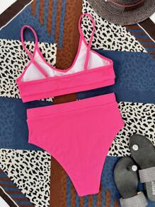 SHEIN Swim 夏日海滩纯色分体比基尼套装 - 玫紅色 - 查看 5