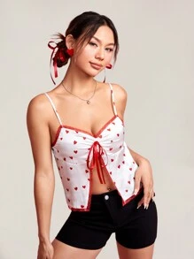 SHEIN PETITE Ladies' Heart Print Lace Trimmed Camisole Top - White - View 6