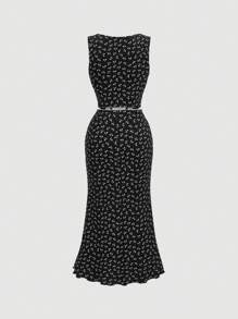 SHEIN MOD Ladies' Floral Pattern Handkerchief Hem Camisole Top And Skirt Set - Black - View 2