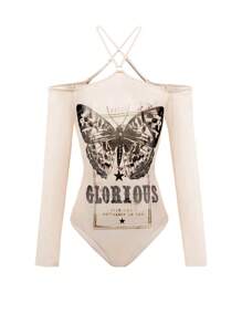 Swim EVENT Summer Women's Butterfly & Letter Printed Off-The-Shoulder Mesh Cover Up Bodysuit With Halter Neck Design