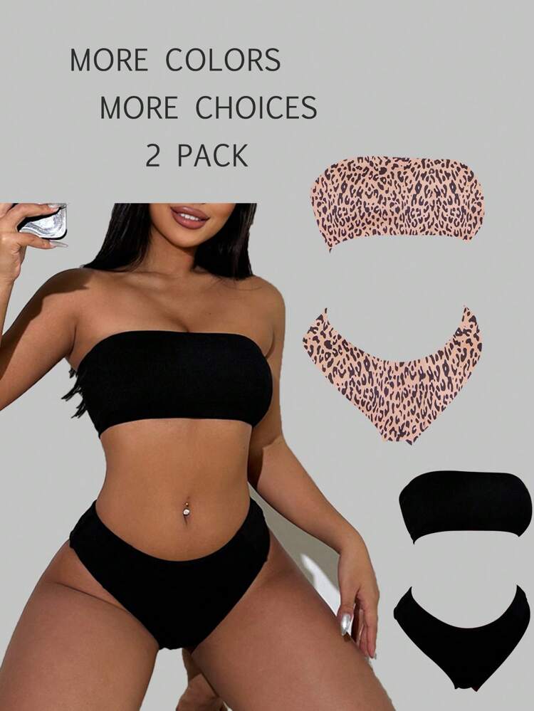 2 Sets Women's Plain Textured And Leopard Print Bikini Set Music Festival Summer Beach