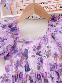 SHEIN Young Girls' Summer Flower Print Dress, Purple Floral Princess Dress With Puff Sleeves - Purple - View 4
