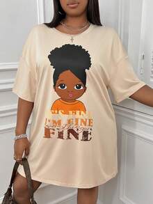 CovetEZ Kích thước lớn Thả vai Nhân vật In Khẩu hiệu Đầm - Màu be - Xem 4