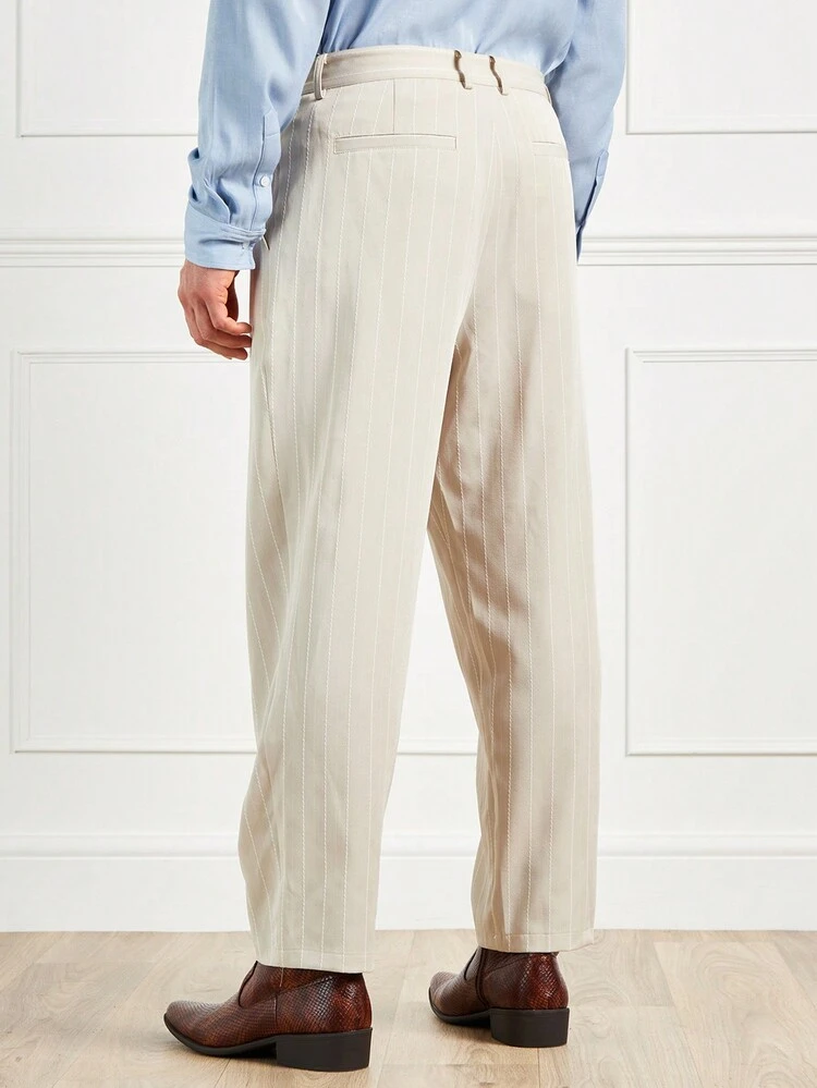 Men's Casual Khaki Striped Pleated Trousers