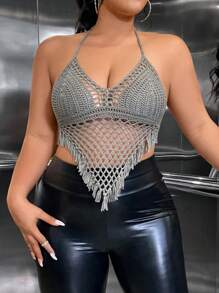 Allurite Plus Size Solid Color Hollow Out Knitted Top With Fringe Hem, Open Back & Halter Neckline - Camel - View 6
