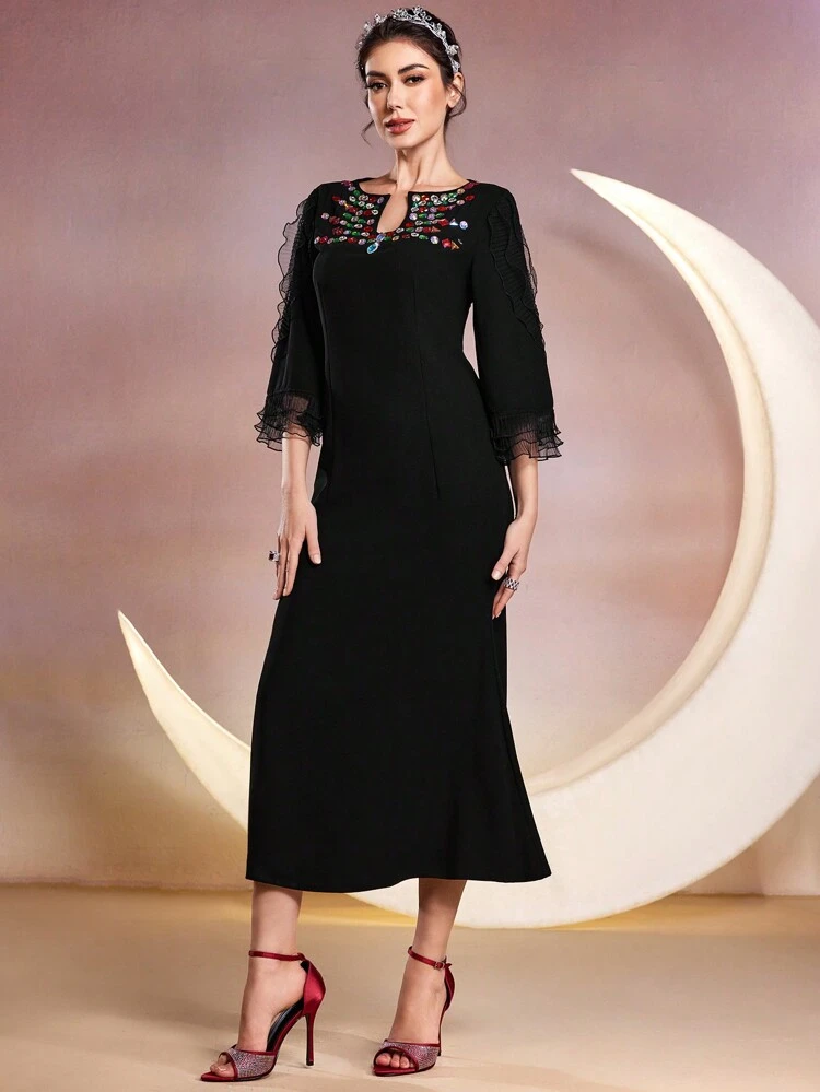 Black Dress With Rhinestone Details, Notched Collar, Flare Sleeve Long Evening Dresses