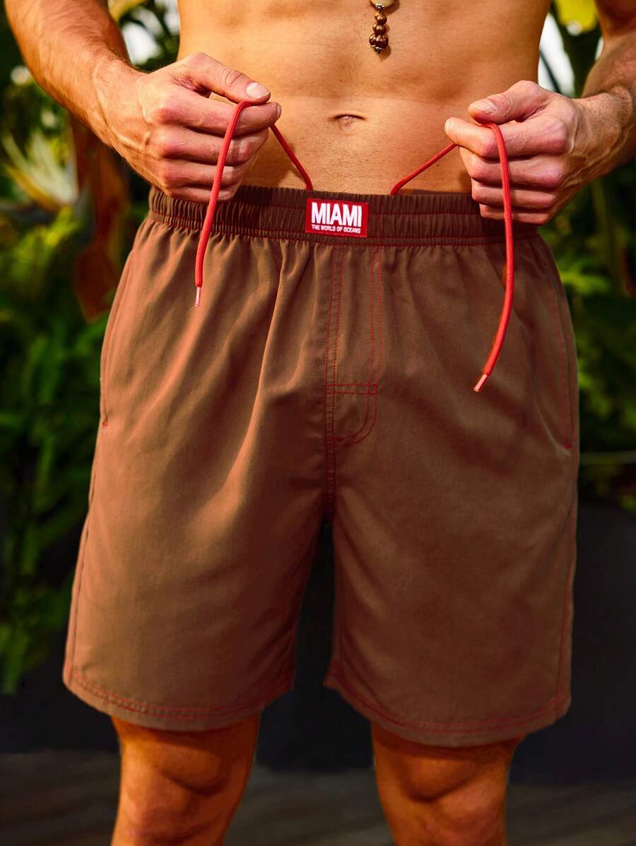 Surfspeed Men's Letter Patch Knee-Length Swim Shorts - Khaki - View 1