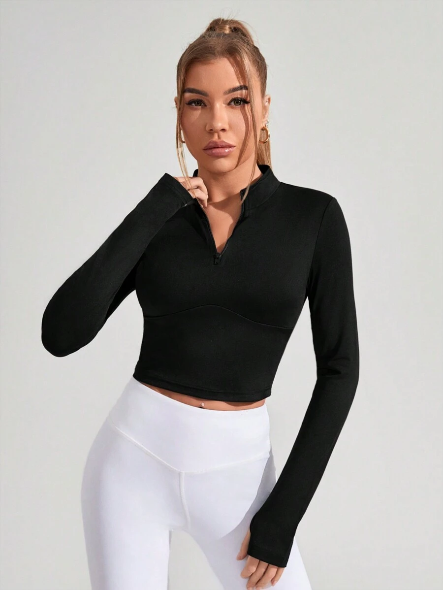 Daily&Casual 半拉鍊拇指孔緊身運動衫 - 黑色 - 查看 1