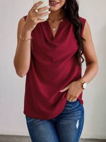SHEIN Clasi 女士無袖實色上衣,具有垂墜領口設計 - 酒紅色 - 查看 3