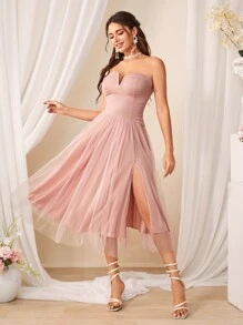 SHEIN Belle Strapless Mesh Split Hem Dress, Semi Formal Dress, Wedding Guest Dress