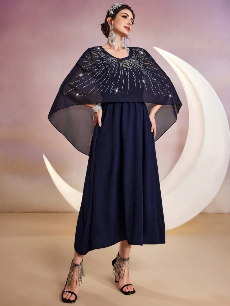 Women's Shiny Rhinestone Cape Style Dress Long Evening Dresses