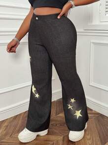 SHEIN EZwear Plus Size Star Printed Skinny Flared Jean-Like Pants - Black - View 5