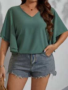 SHEIN LUNE Kích thước lớn Màu thuần Cổ chữ V áo tay bướm Áo sơ mi - Màu xanh Ô liu - Xem 4