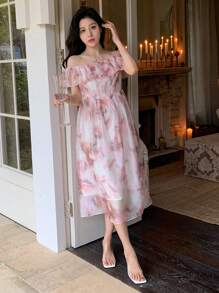 DAZY Women's Off-Shoulder Rose Print Tie Cinching Waist Dress With Short Sleeves Sundress