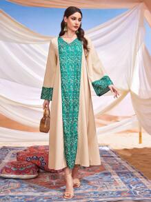 Al Najma Arabian Style Printed Bell Sleeve Loose Jalabiya Eid Dress, Modest - Apricot - View 7