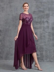 Women' Embroidered Sequins Contrast Chiffon Dress - Purple - View 5