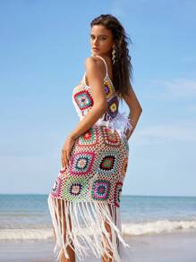 Swim Vcay Couvre-maillot de bain côtelé à motif géométrique coloré avec franges, pour les vacances d'été à la plage