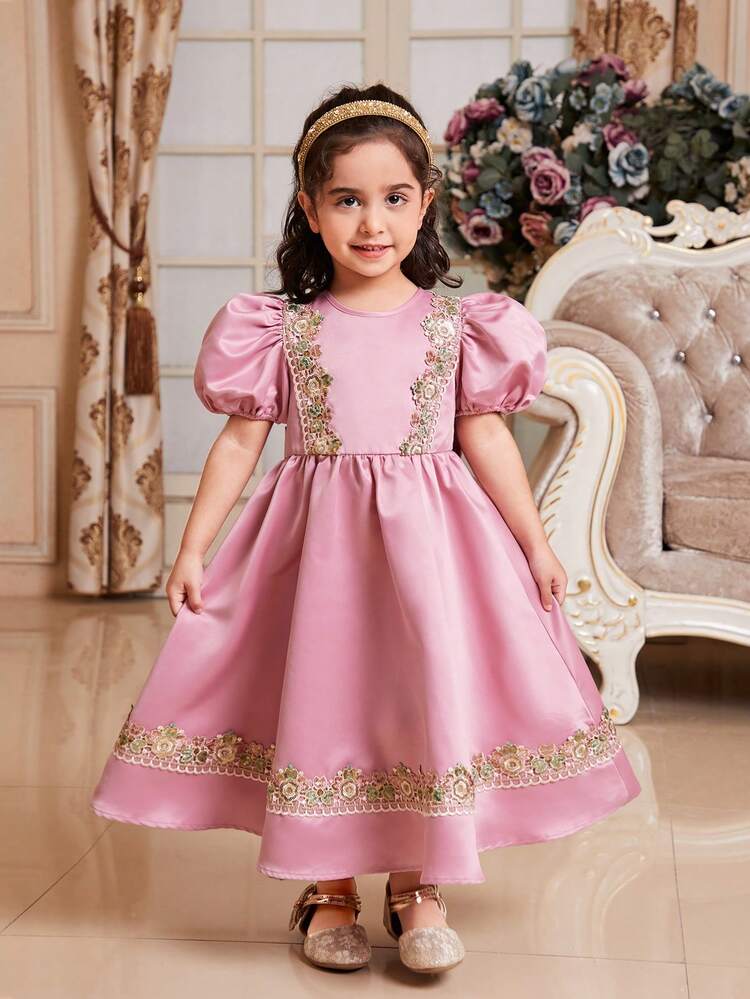 Young Girl Cute Round Neck Puff Sleeves Dress With Bowknot Back