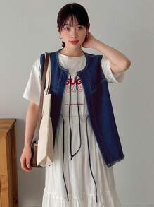 FRIFUL Women's Denim Vest Jacket With Frayed Hem And Drawstring - Blue - View 10