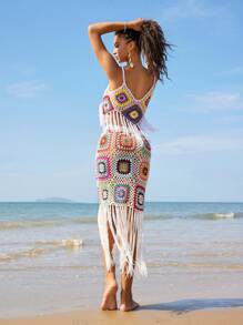 Swim Vcay Couvre-maillot de bain côtelé à motif géométrique coloré avec franges, pour les vacances d'été à la plage