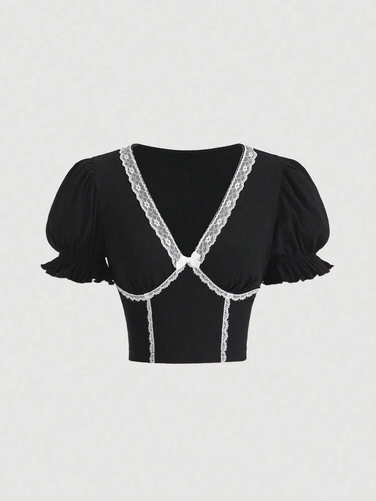 Ladies' Contrast Color Lace Trim Puff Sleeve T-Shirt