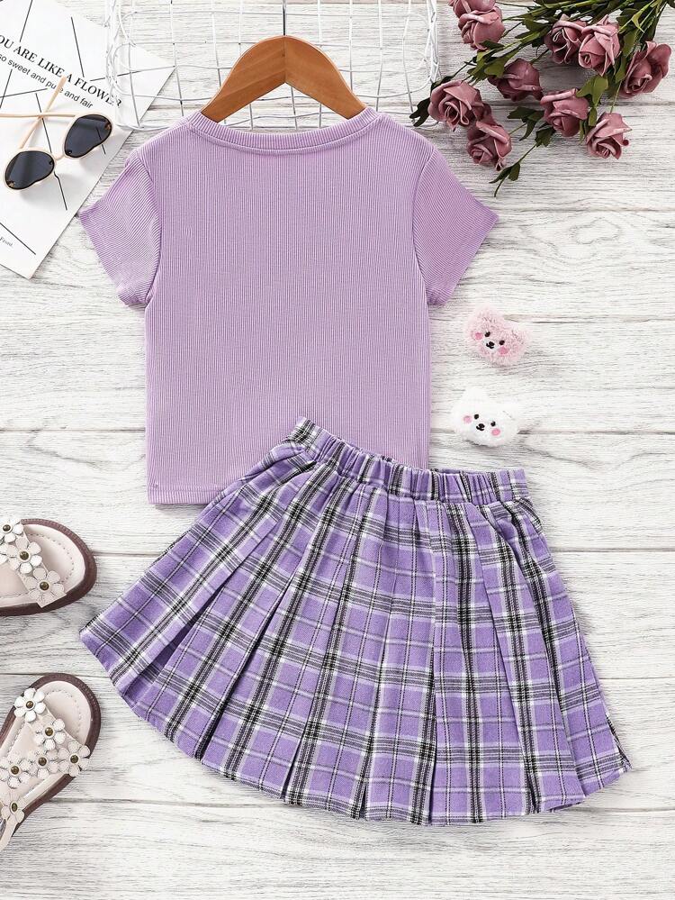 Young Girl's Cool Street Style Heart & Cat Print Short Sleeve T-Shirt, Gingham Pleated Skirt For Spring/Summer