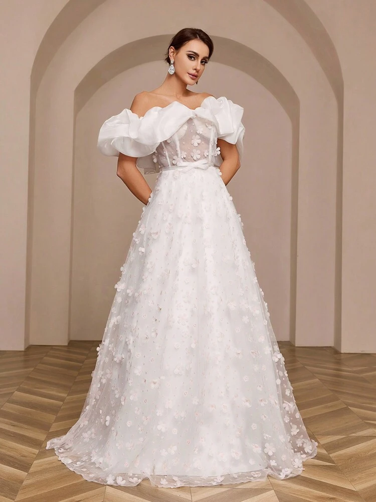 Oversized Ruffle Off Shoulder Big Swing Embroidered Shiny Chiffon Wedding Dress