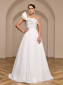 SHEIN Belle One-Shoulder Ruffled Edge Wedding Dress With Back Tie - White - View 6