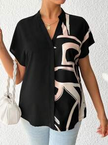 SHEIN Maternity Shirt With Printed Pattern And Notched Collar - Black and White - View 5