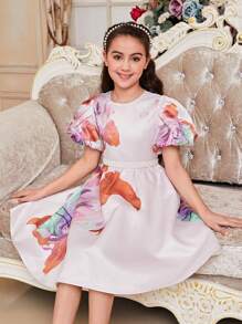 SHEIN Tween Girls' Cute Light Palace Style Round Neck Puff Sleeve Floral Print Dress - Pink - View 2