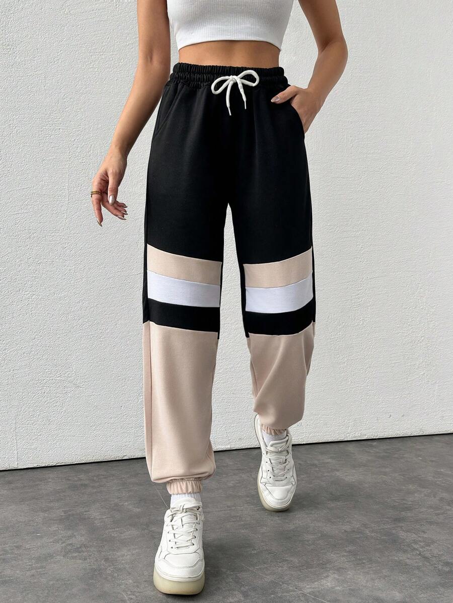 SHEIN Cottnline Women's Color Block Drawstring Waist Cuffed Jogger Pants - Beige - View 1