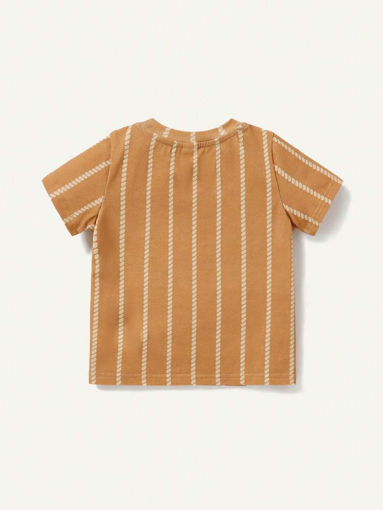 Baby Boy Casual Striped Round Neck Short Sleeve Top And Shorts Set With Letter Pattern Matching Set