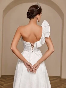 SHEIN Belle One-Shoulder Ruffled Edge Wedding Dress With Back Tie - White - View 3