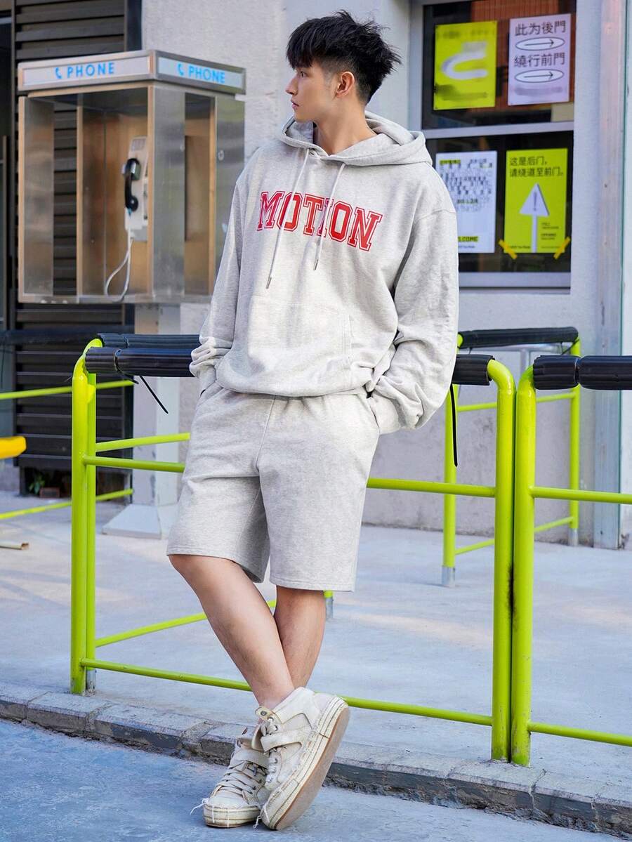 DAZY Nam Mùa hè In thư Dây rút Bộ áo hoodie và quần short - Xám - Xem 1