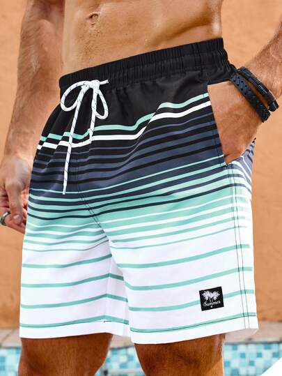 Surfspeed Randiga badbyxor med dragsko i midjan för män, poolshorts, för stranden, semester, herrstrandkläder, herrbadbyxor med dragsko, strandbyxor, randiga badbyxor