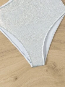 女用金屬色布料拼布一肩連身泳衣 - 銀色 - 查看 7