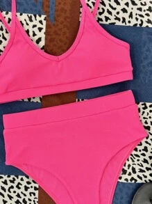 SHEIN Swim 夏日海滩纯色分体比基尼套装 - 玫紅色 - 查看 4