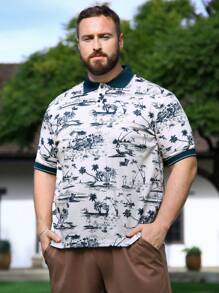 Genlund Men's Plus Size Palm Tree Printed Short Sleeve Polo Shirt - Multicolor - View 1